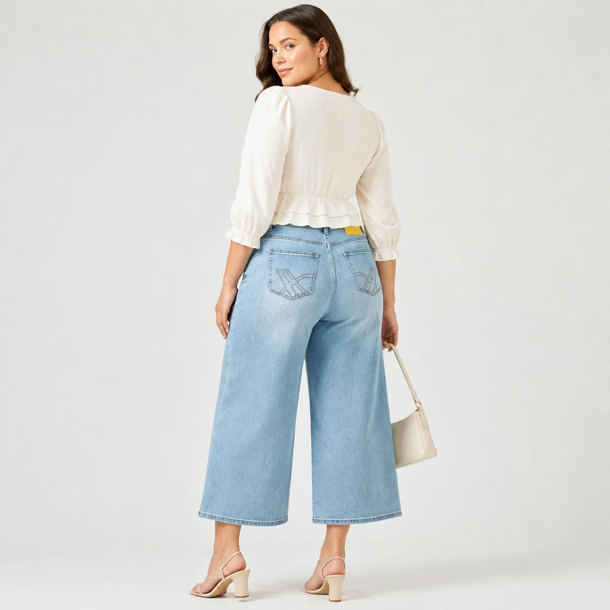 Women's Stretch Wide Leg Capri Jeans High Waist Vintage Textured Denim Pants — product detail 1