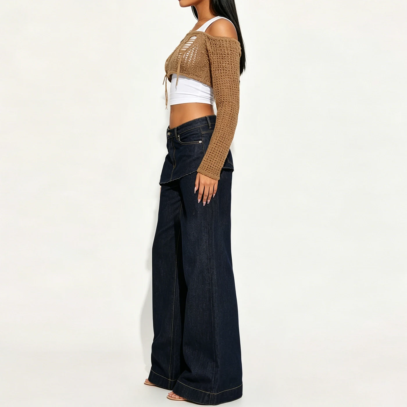 Women's Faux Two-Piece Bootcut Jeans High Waist Casual Denim Pants — product detail 1