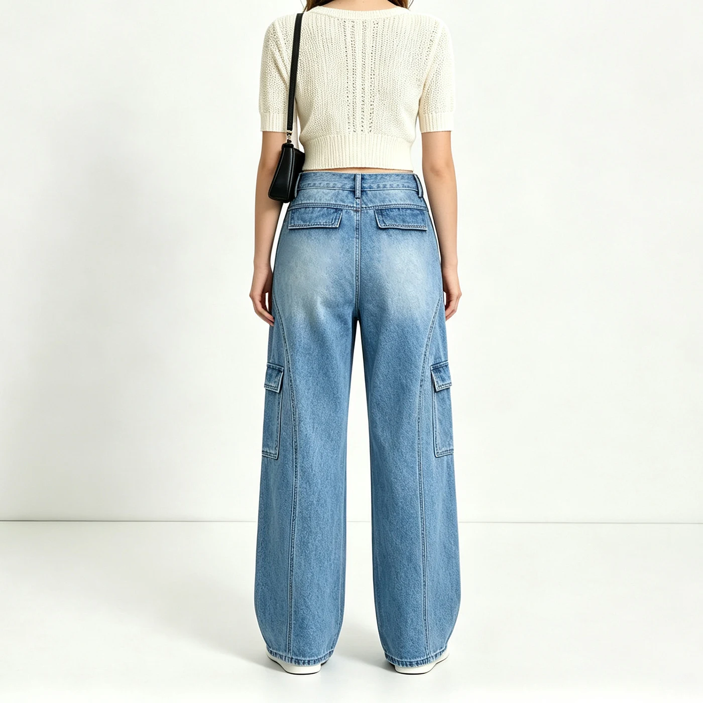 Women's Non-Stretch Cargo Jeans High Waist Textured Denim Pants — product detail 2