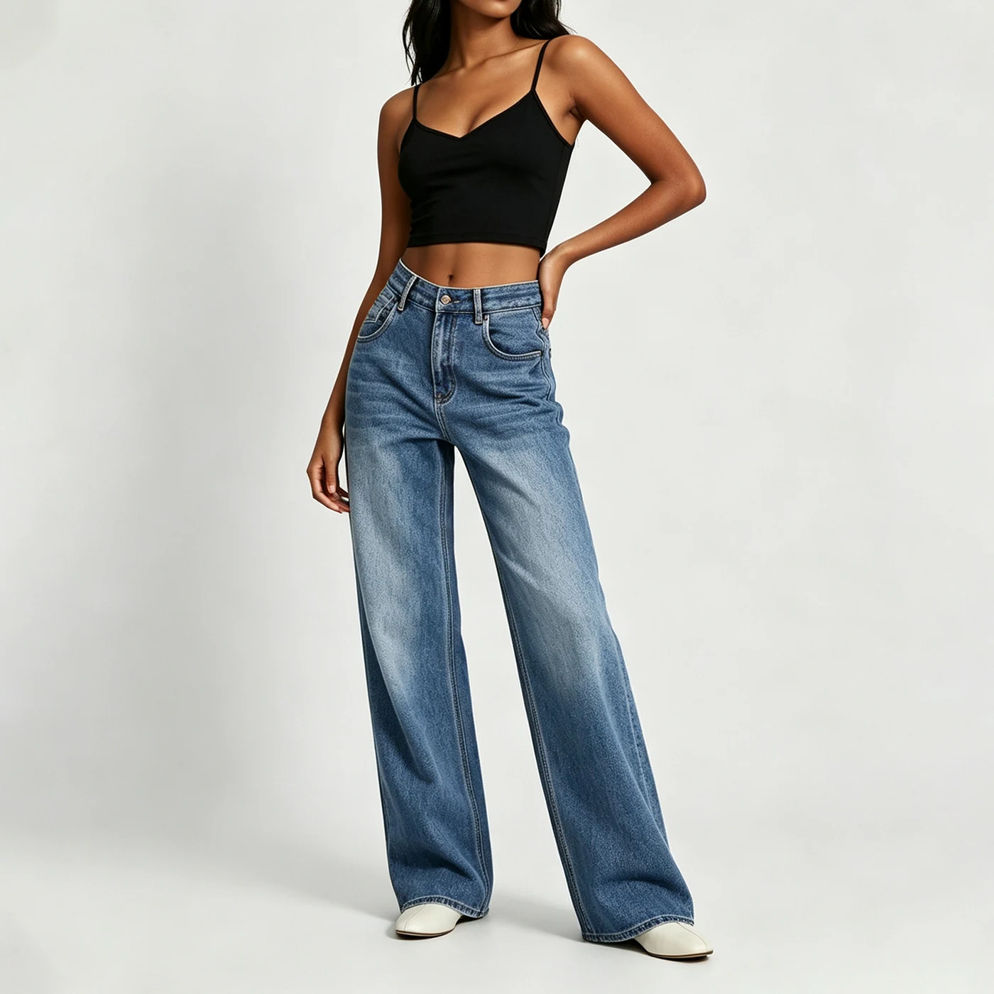 Women's Stretch Straight Leg Jeans Light Blue Denim Pants — product detail 1