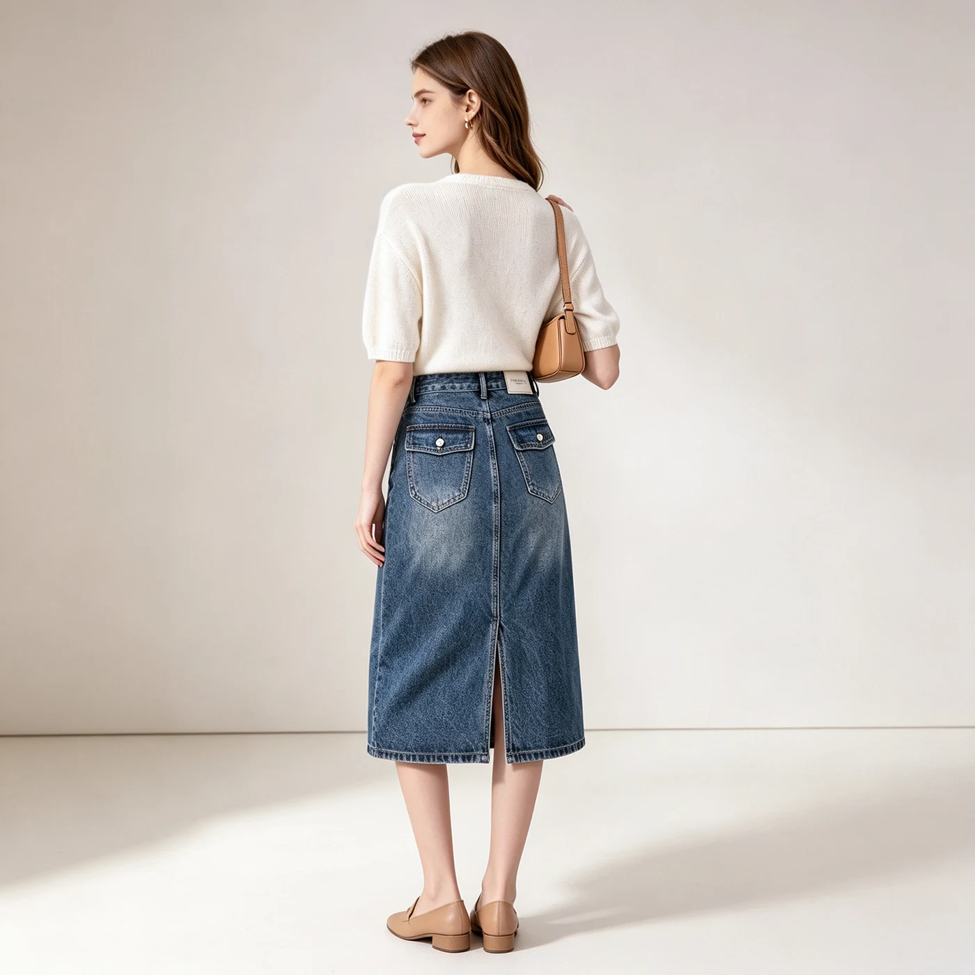 Non-Stretch Denim Cargo Midi Skirt High Waist Slim Fit Washed — product detail 1