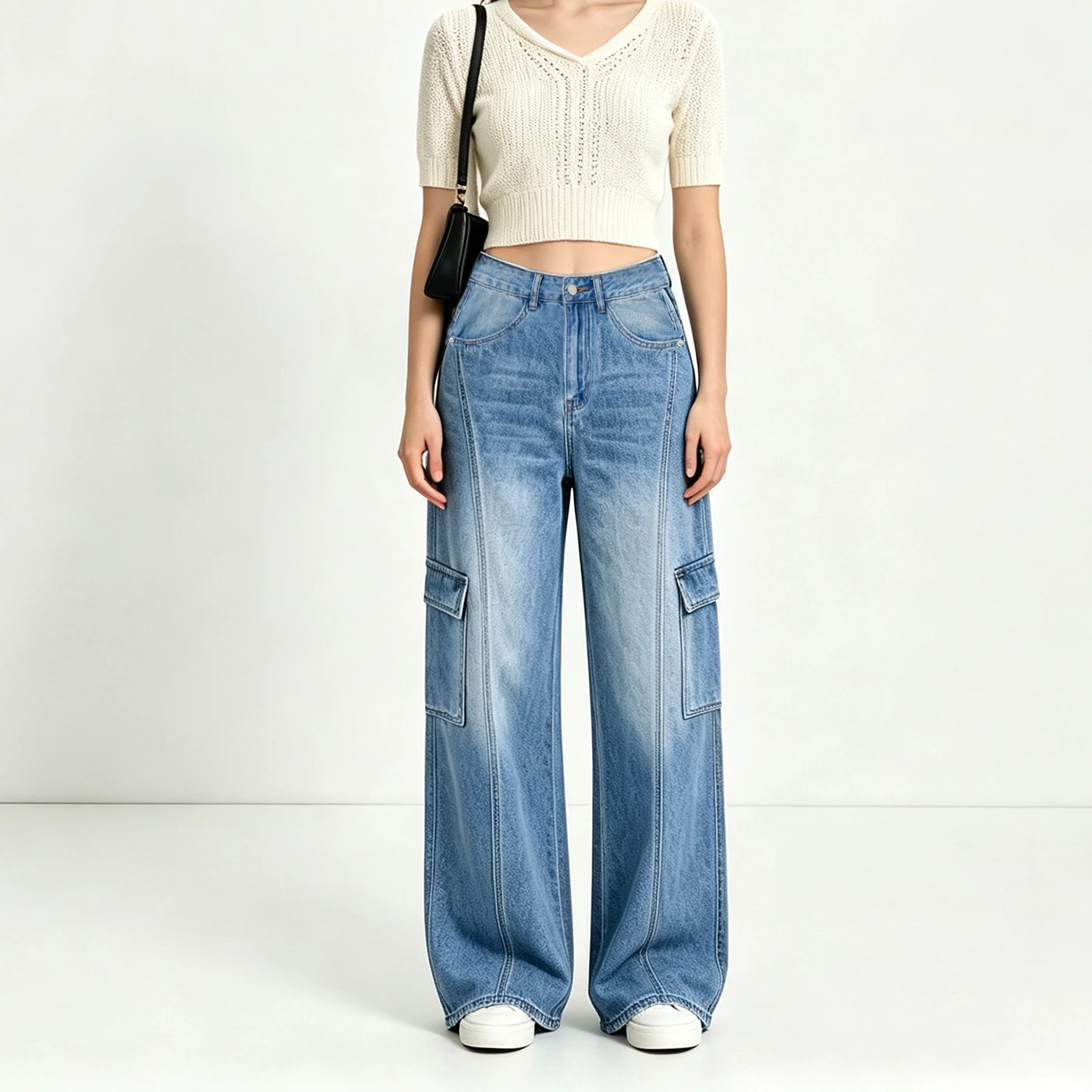 Women's Non-Stretch Cargo Jeans High Waist Textured Denim Pants — product detail 1