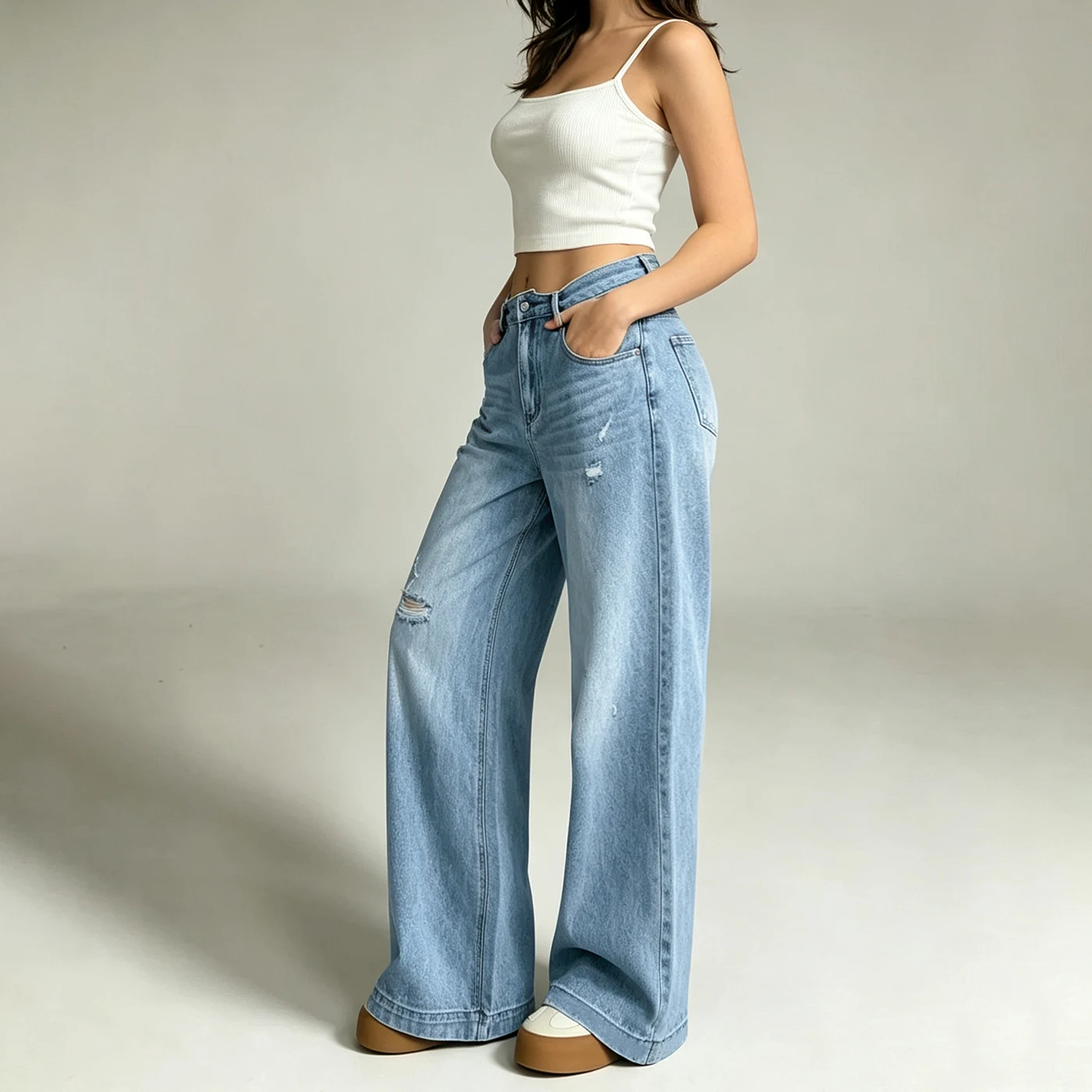 Women's Stretch High Waist Straight Jeans Light Blue Long Trousers — product detail 1