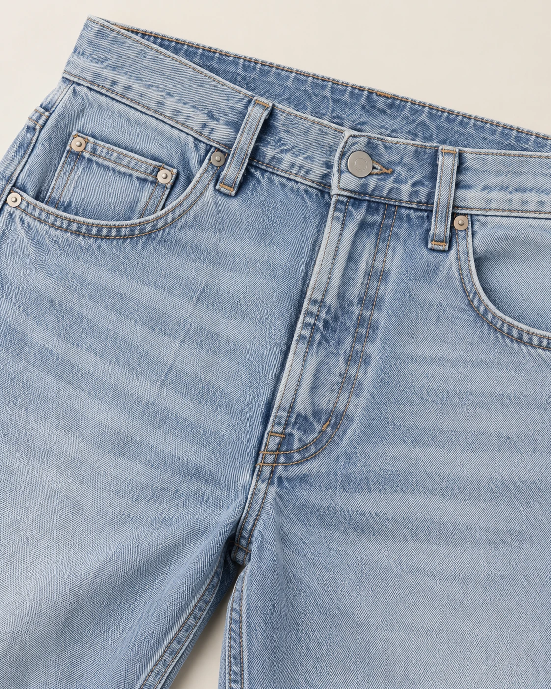 Men's Light-Wash Five-Pocket Jeans — Construction detail — AI design visualization