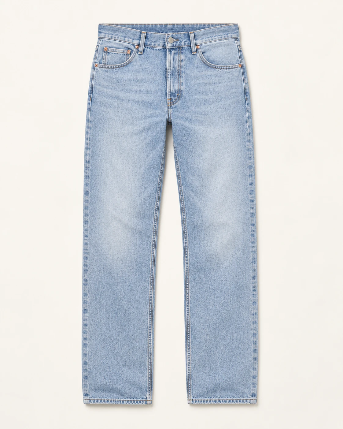 Men's Light-Wash Five-Pocket Jeans — Flat front — AI design visualization