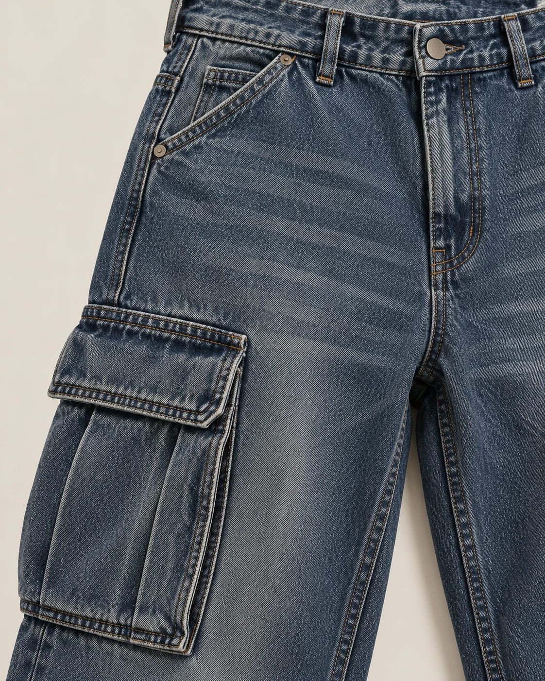 Men's Vintage Cargo Jeans — Construction detail — AI design visualization