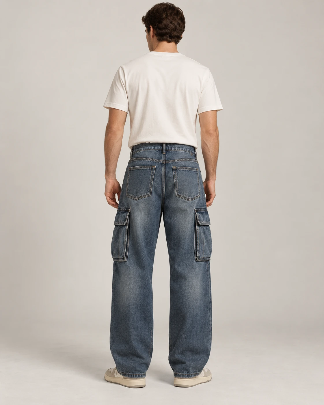 Men's Vintage Cargo Jeans — Model back — AI design visualization