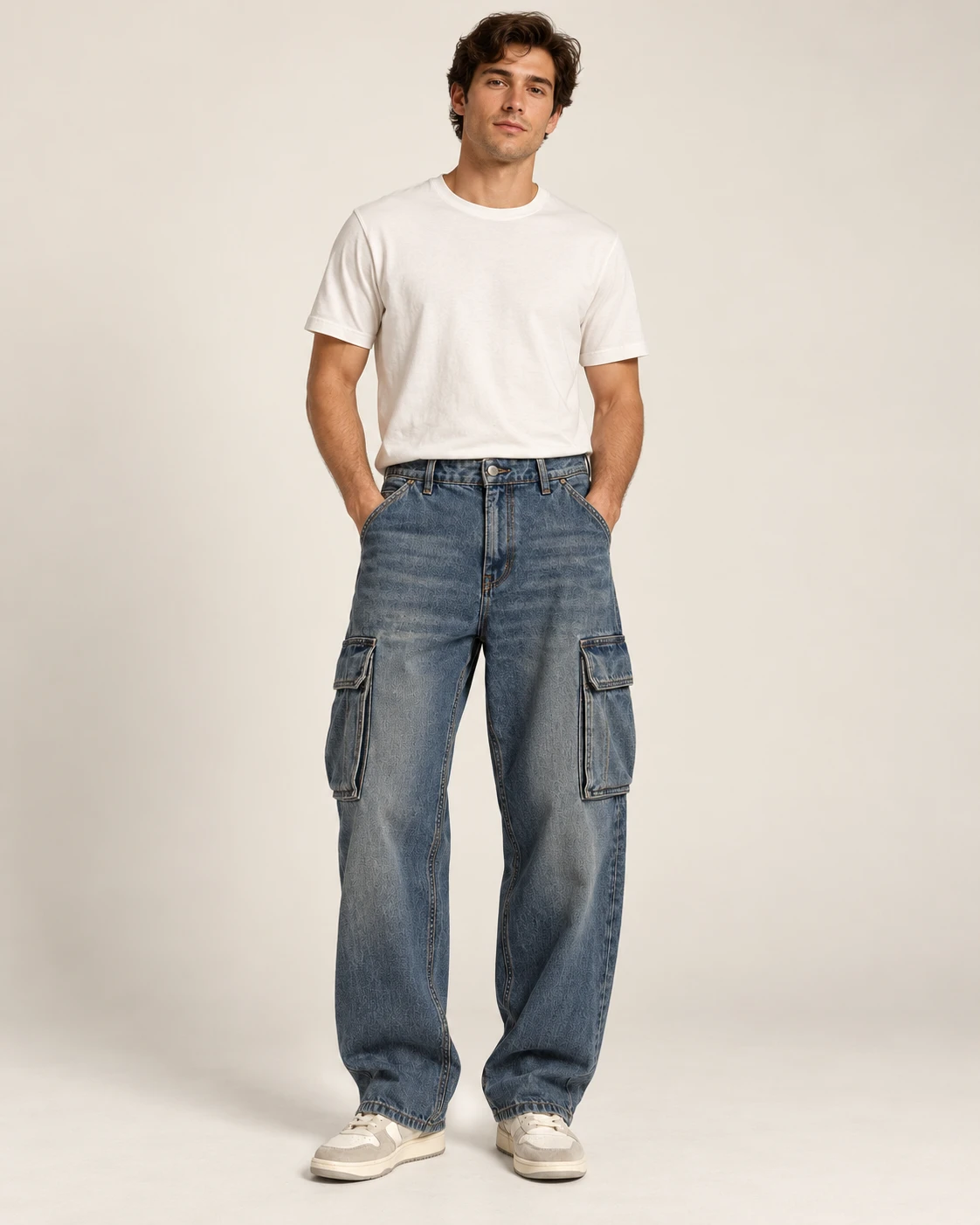 Men's Vintage Cargo Jeans — Model front — AI design visualization