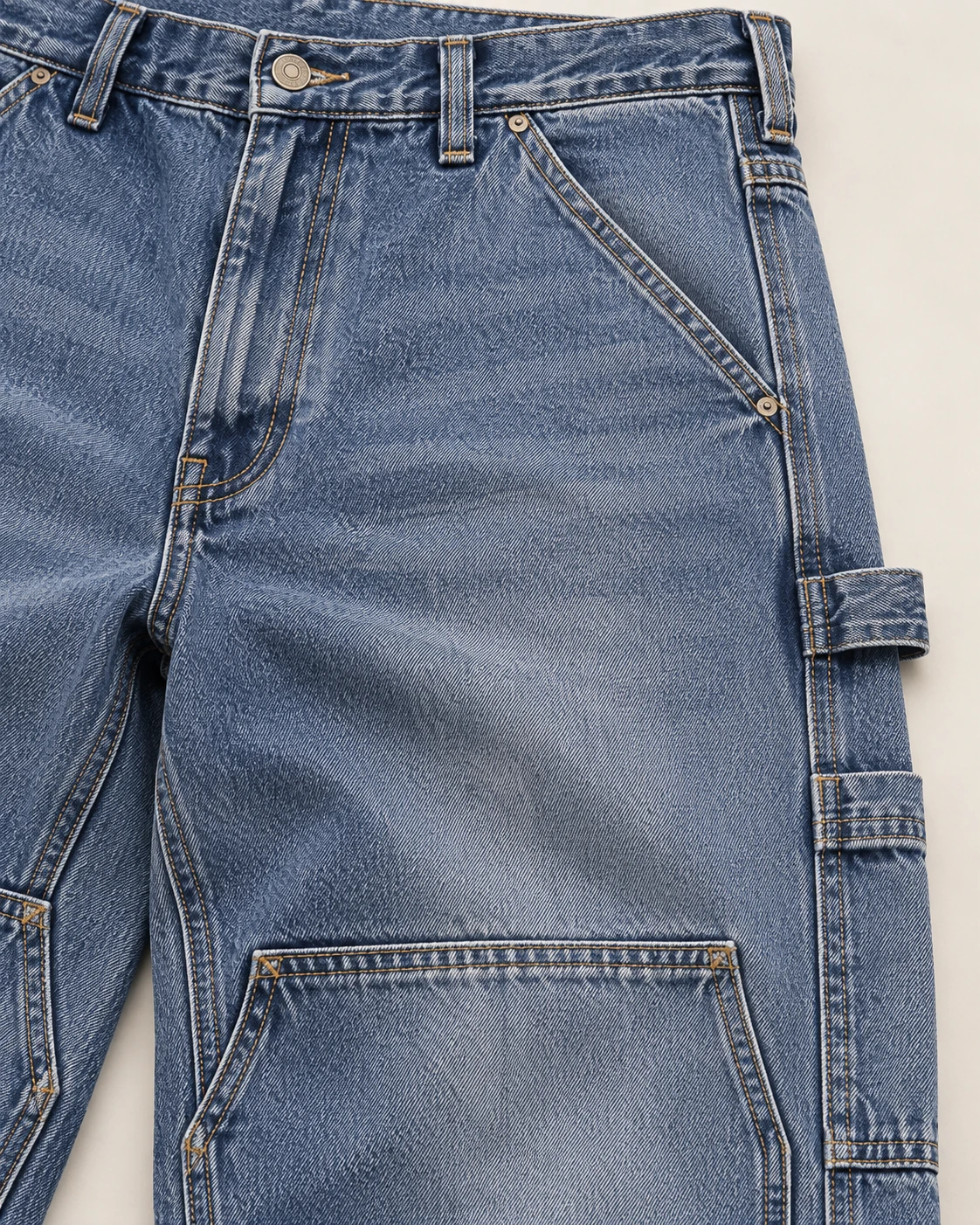 Men's Double-Knee Carpenter Jeans — Construction detail — AI design visualization