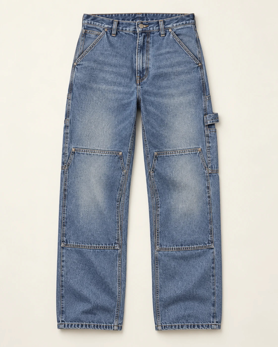 Men's Double-Knee Carpenter Jeans — Flat front — AI design visualization