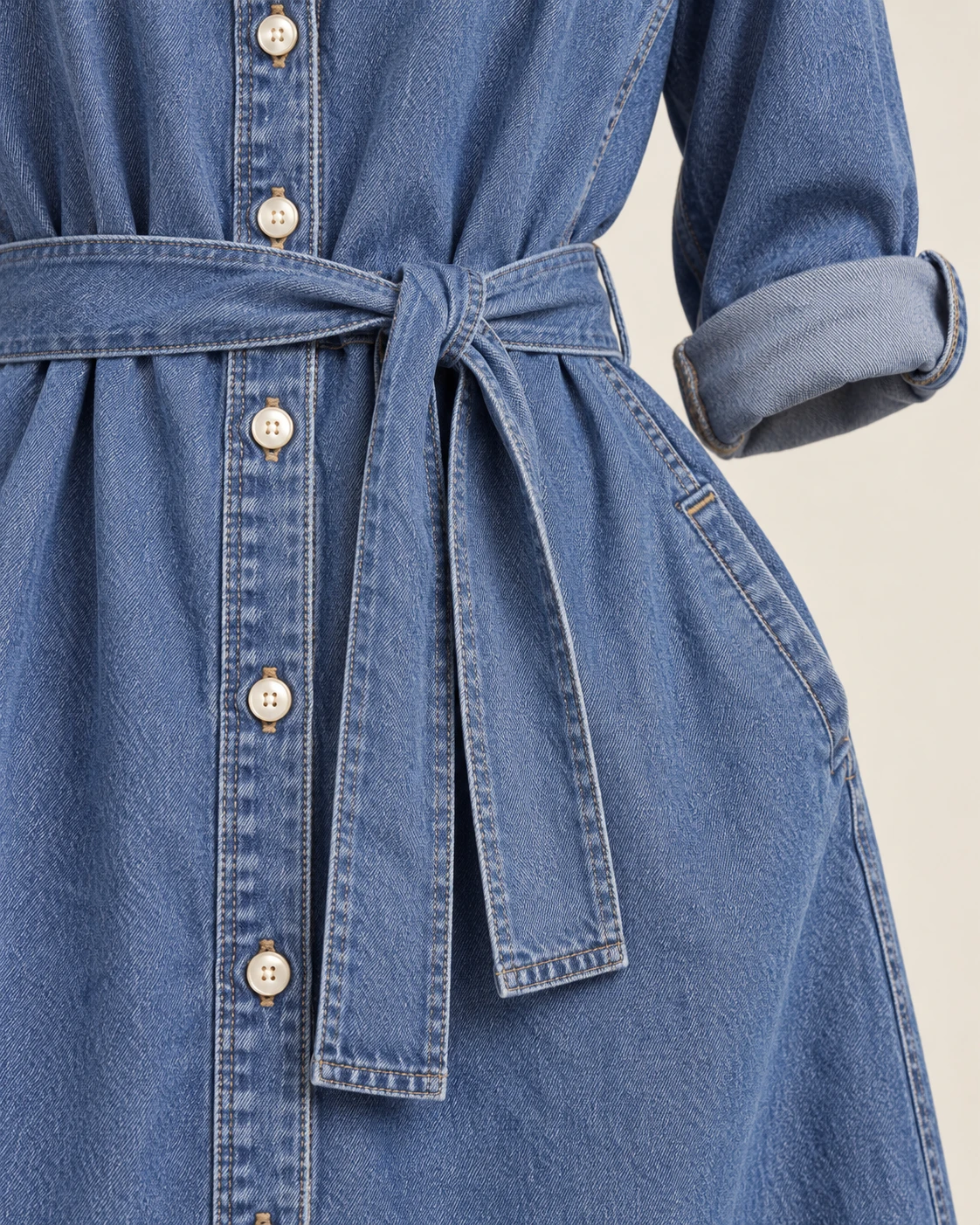 Women's Belted Denim Shirt Dress — Construction detail — AI design visualization