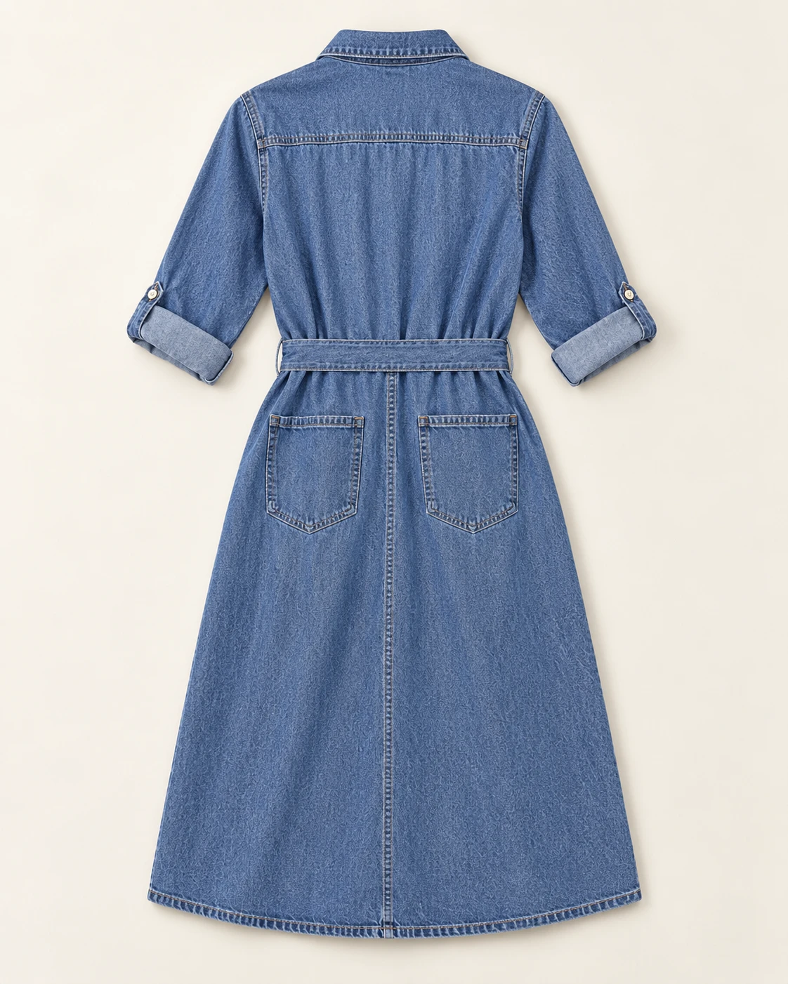 Women's Belted Denim Shirt Dress — Flat back — AI design visualization