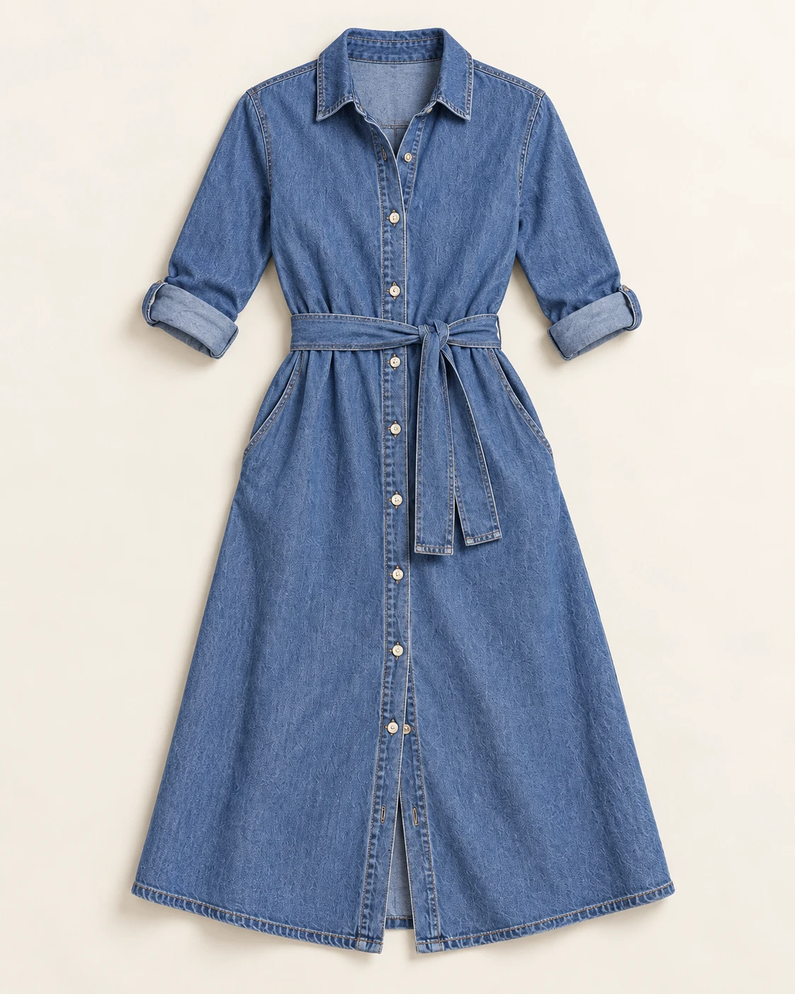 Women's Belted Denim Shirt Dress — Flat front — AI design visualization