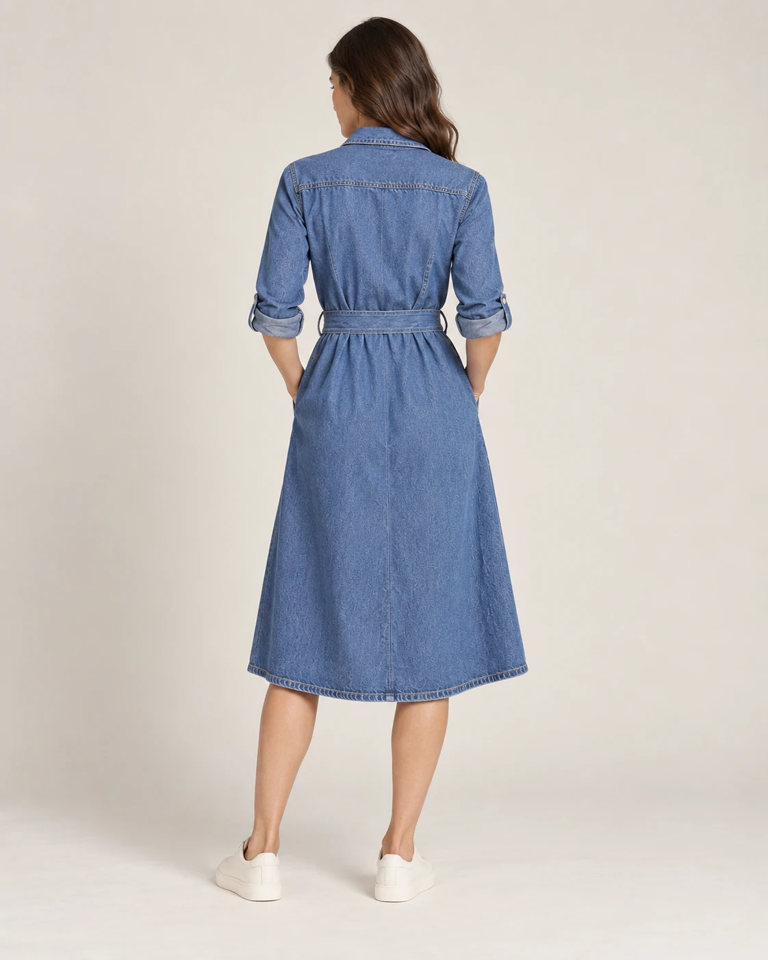 Women's Belted Denim Shirt Dress — Model back — AI design visualization