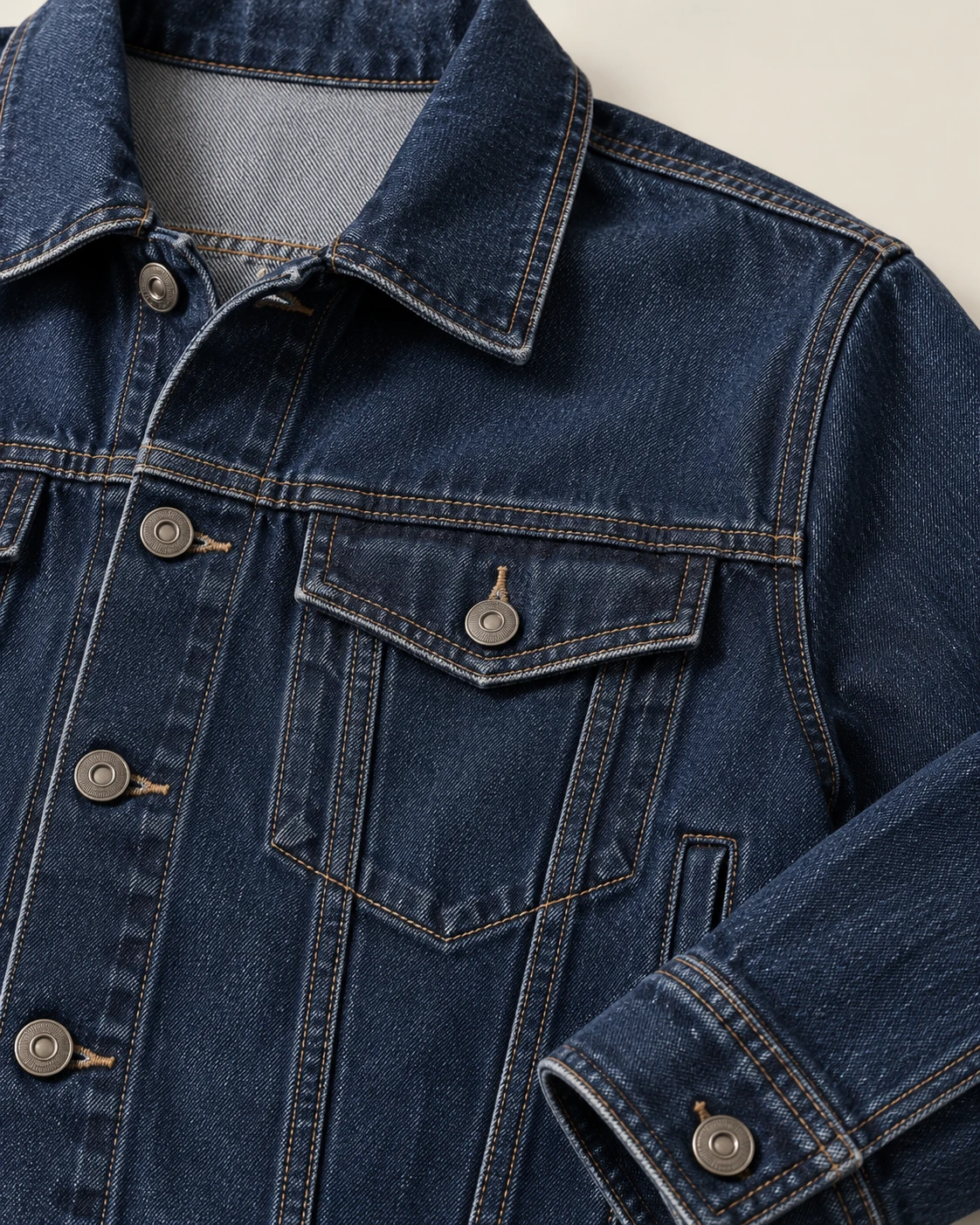 Men's Indigo Trucker Jacket — Construction detail — AI design visualization