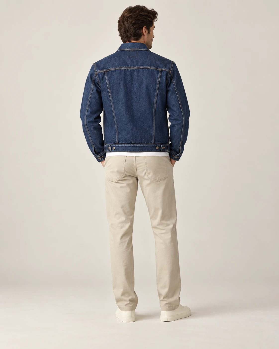 Men's Indigo Trucker Jacket — Model back — AI design visualization