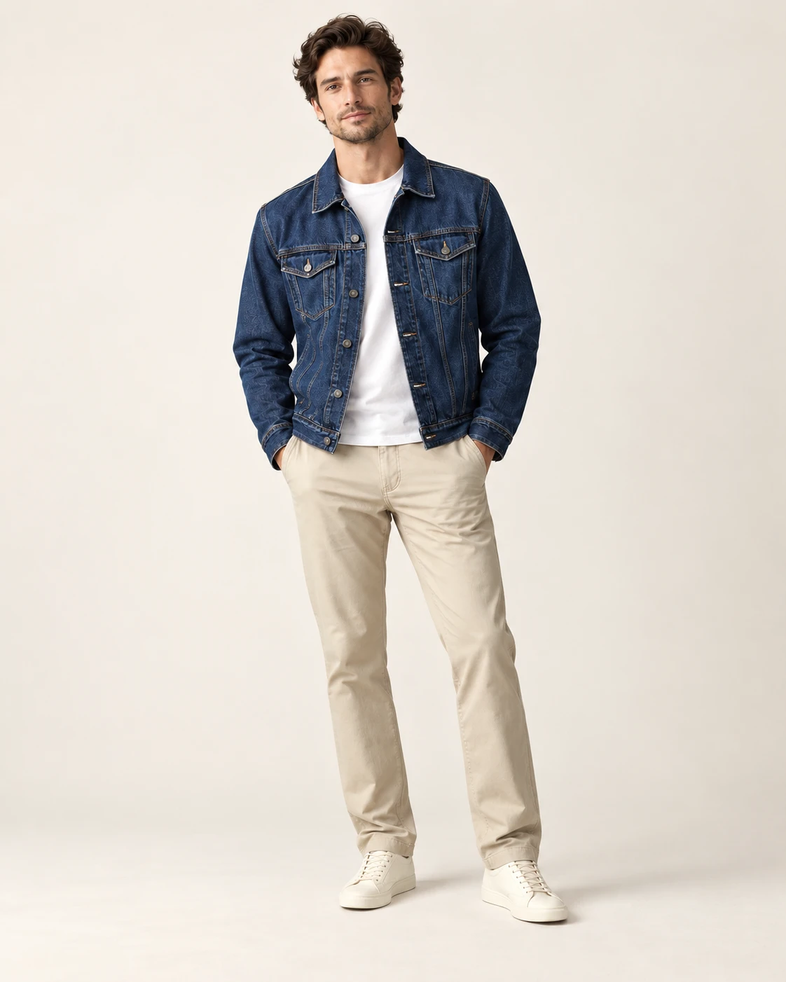 Men's Indigo Trucker Jacket — Model front — AI design visualization