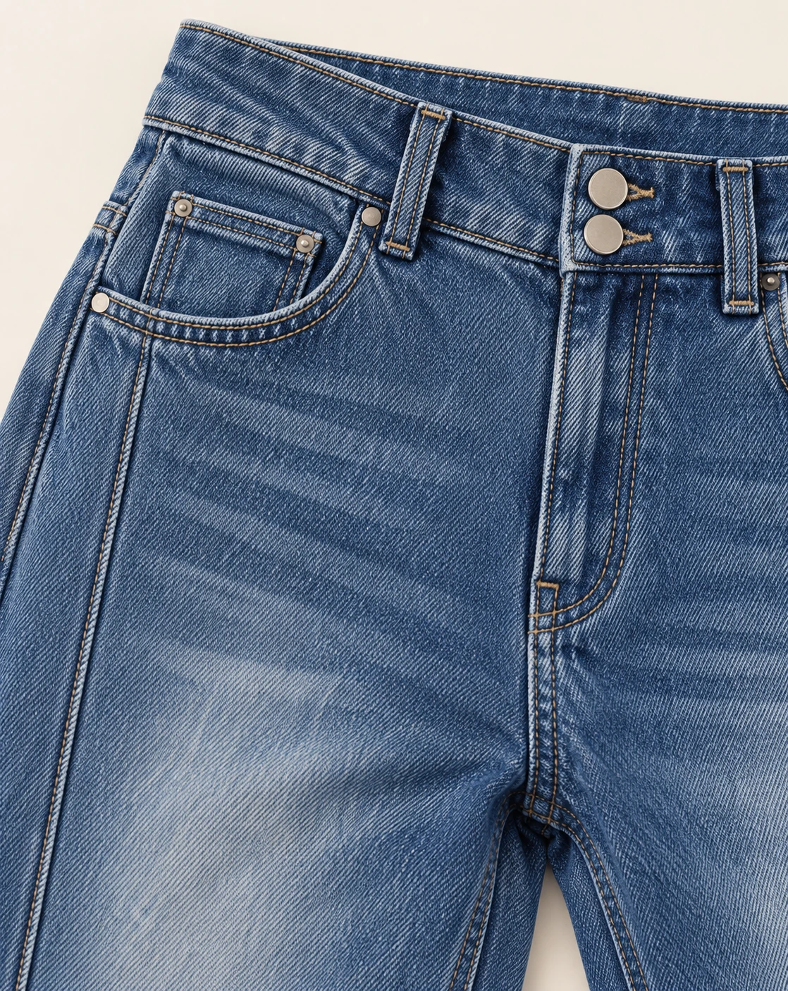 Women's Double-Button Wide-Leg Jeans — Construction detail — AI design visualization