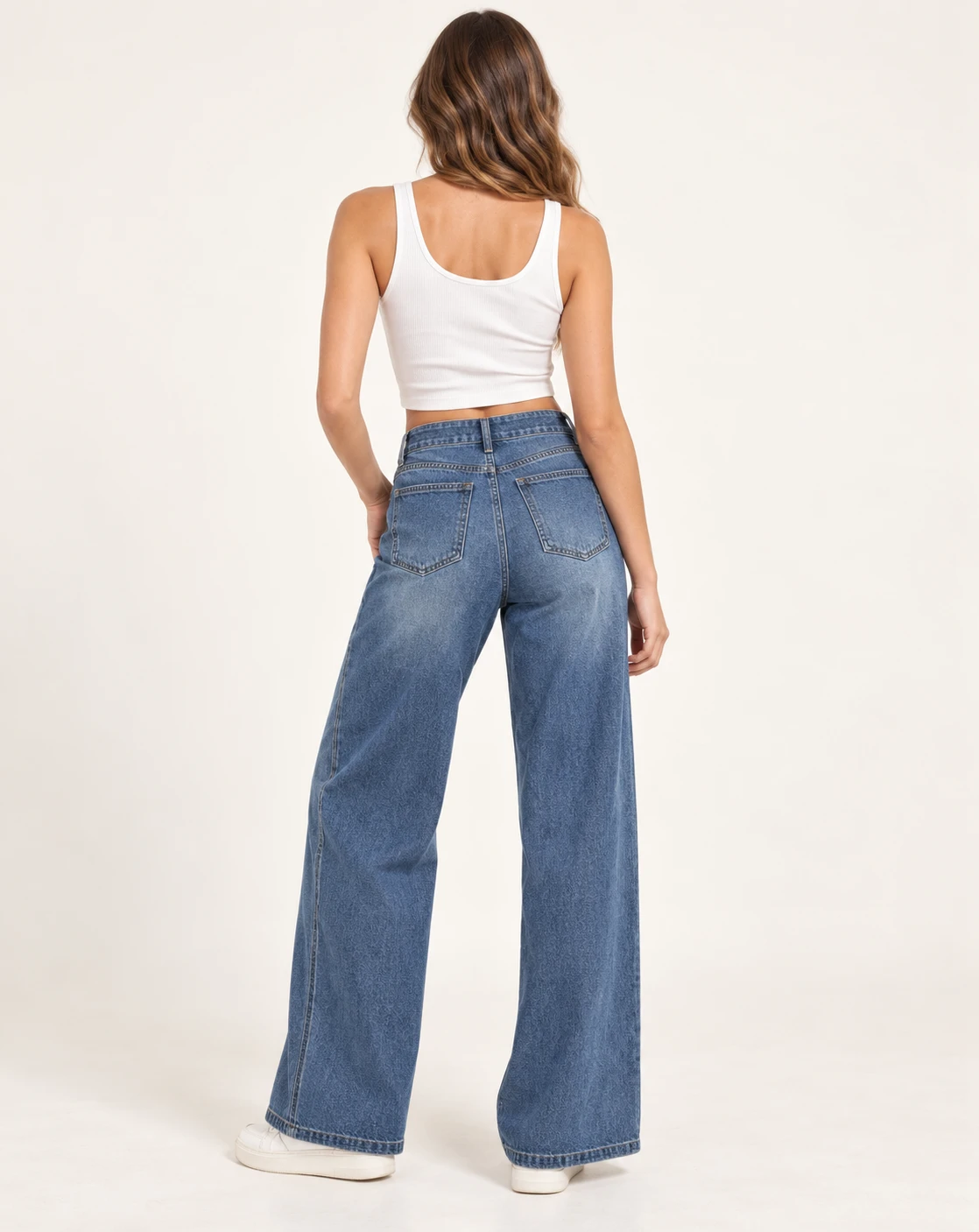 Women's Double-Button Wide-Leg Jeans — Model back — AI design visualization