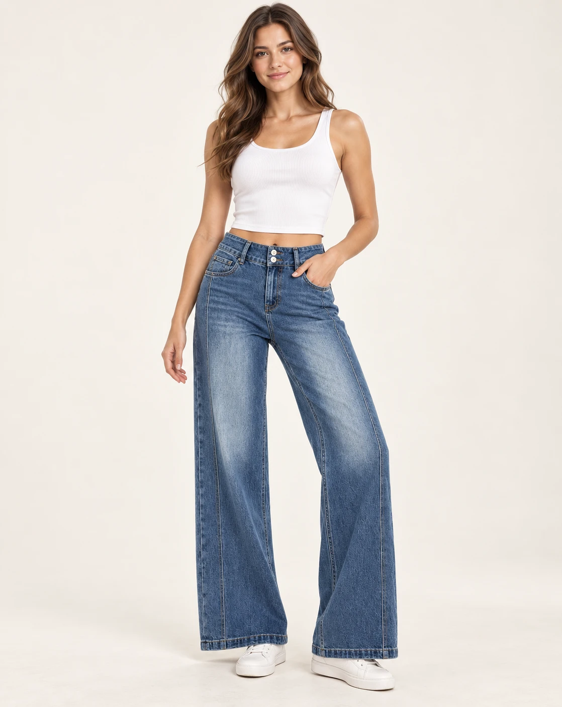 Women's Double-Button Wide-Leg Jeans — Model front — AI design visualization