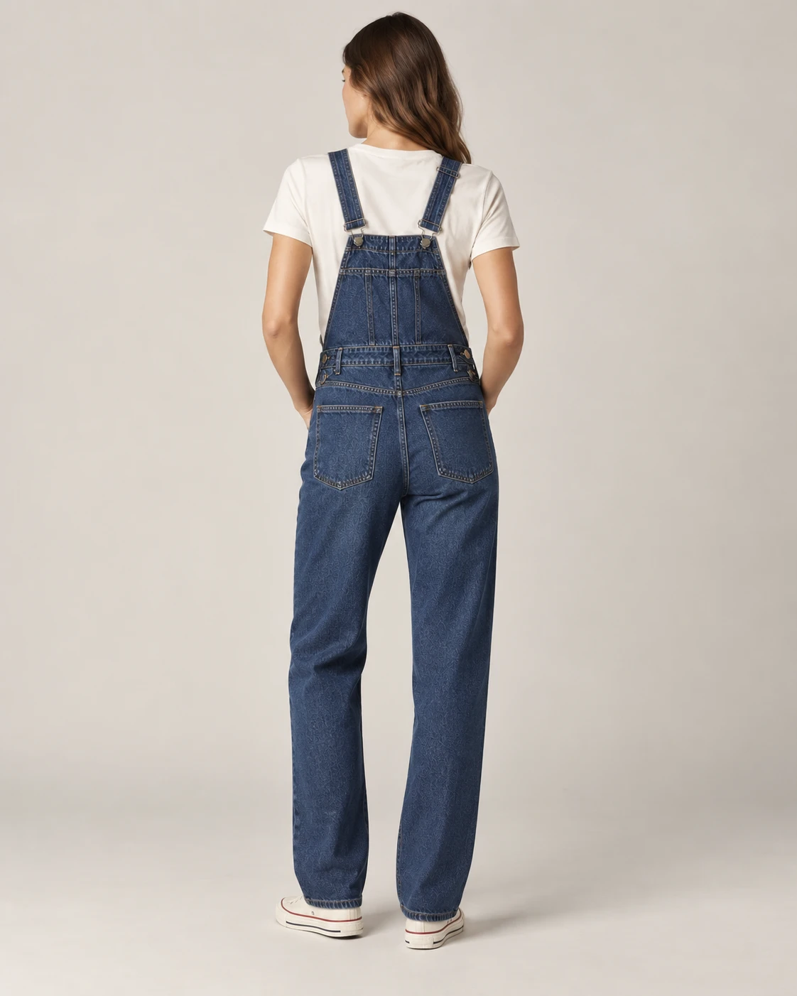 Women's Straight-Leg Denim Overalls — Model back — AI design visualization