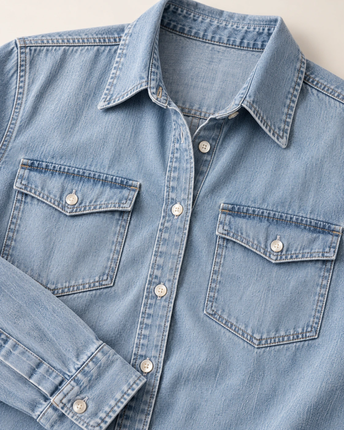 Women's Twin-Pocket Denim Shirt — Construction detail — AI design visualization