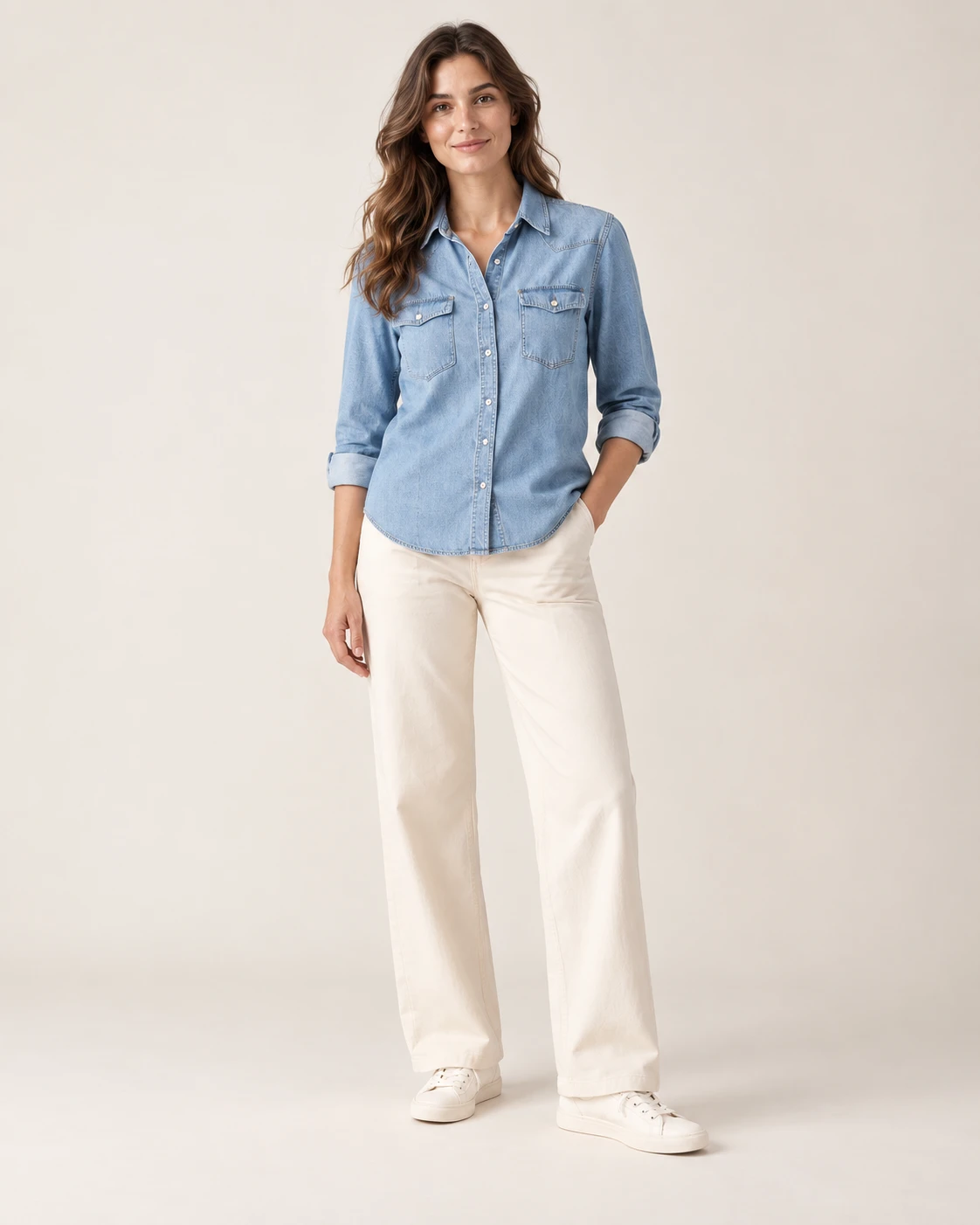 Women's Twin-Pocket Denim Shirt — Model front — AI design visualization