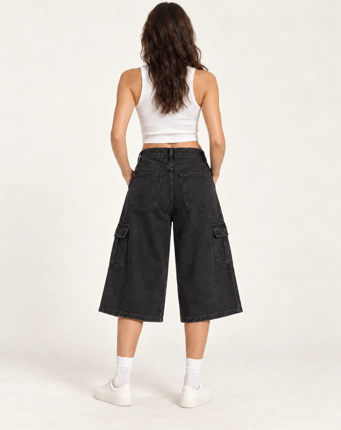 Women's Black Cargo Bermuda Shorts — Model back — AI design visualization