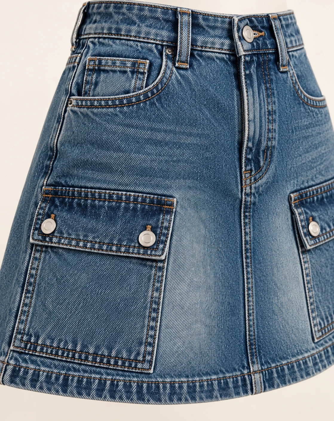 Women's Pocket Denim Mini Skirt — Construction detail — AI design visualization