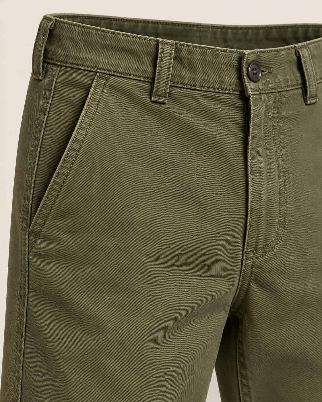Men's Olive Twill Chinos — Construction detail — AI design visualization