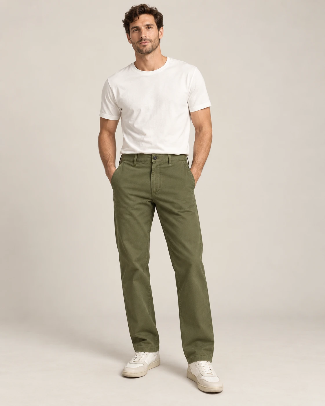 Men's Olive Twill Chinos — Model front — AI design visualization