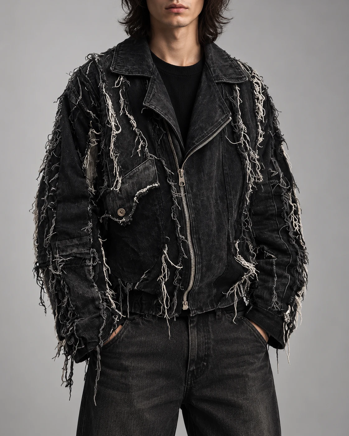 Black Frayed Denim Biker Jacket — AI design reference 2