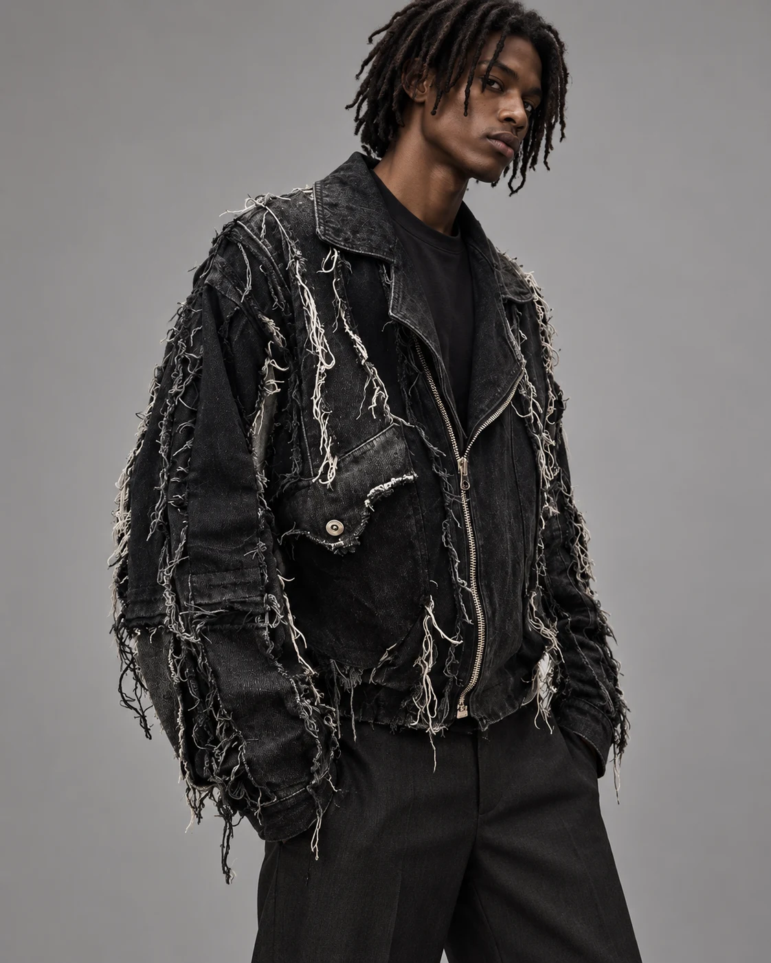 Black Frayed Denim Biker Jacket — AI design reference 3