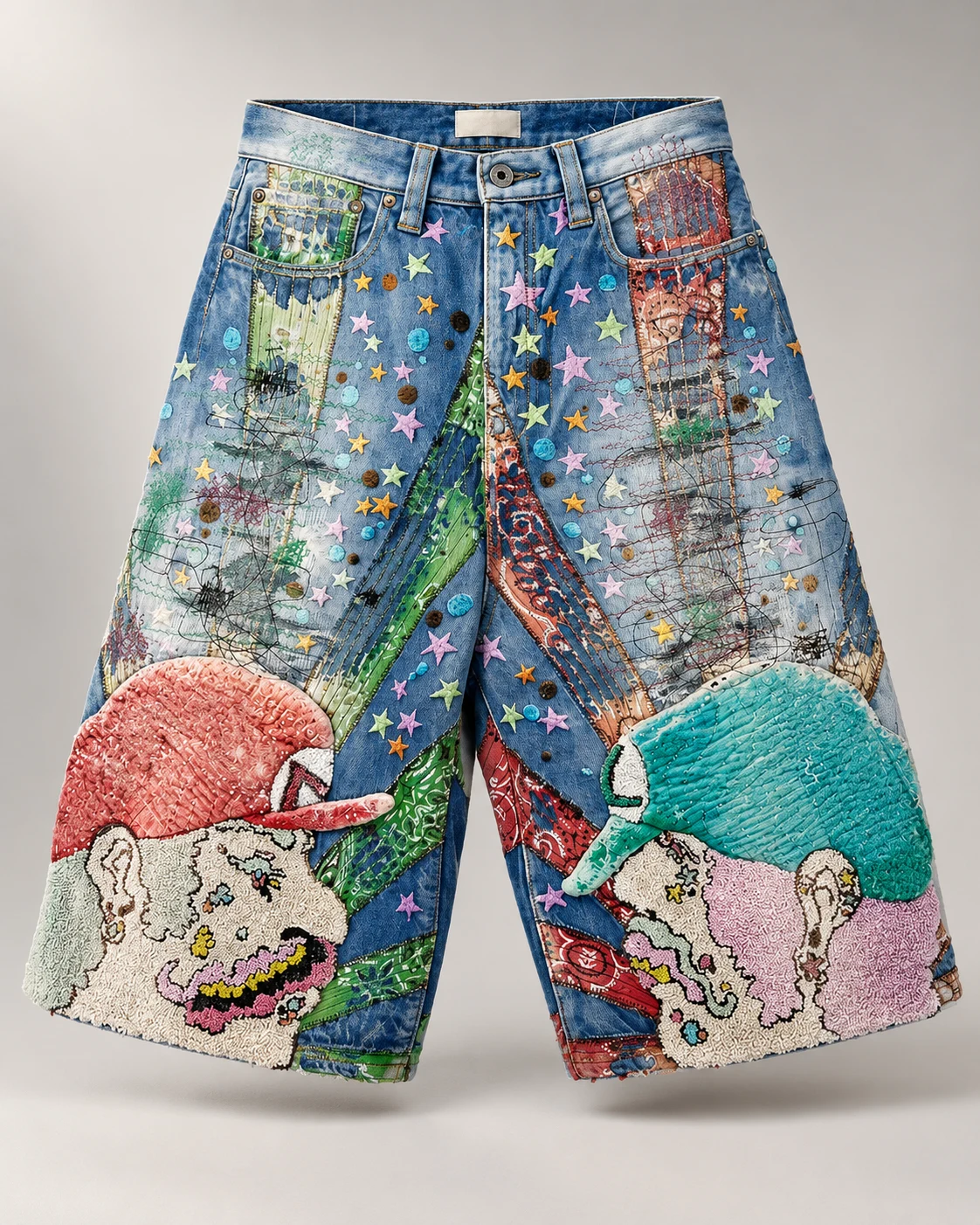 Blue Colorful Chenille Embroidery Shorts — AI design reference 1