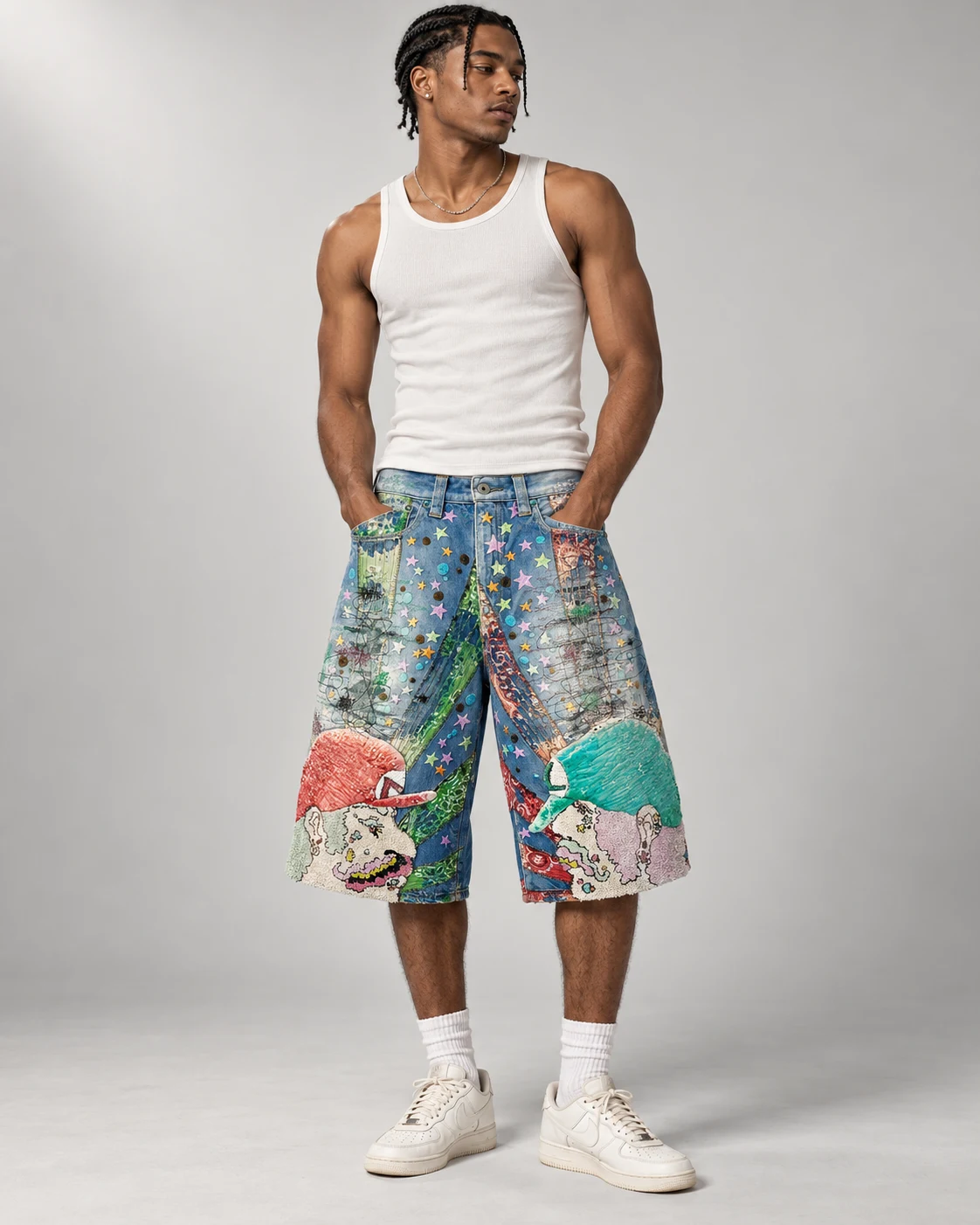 Blue Colorful Chenille Embroidery Shorts — AI design reference 4