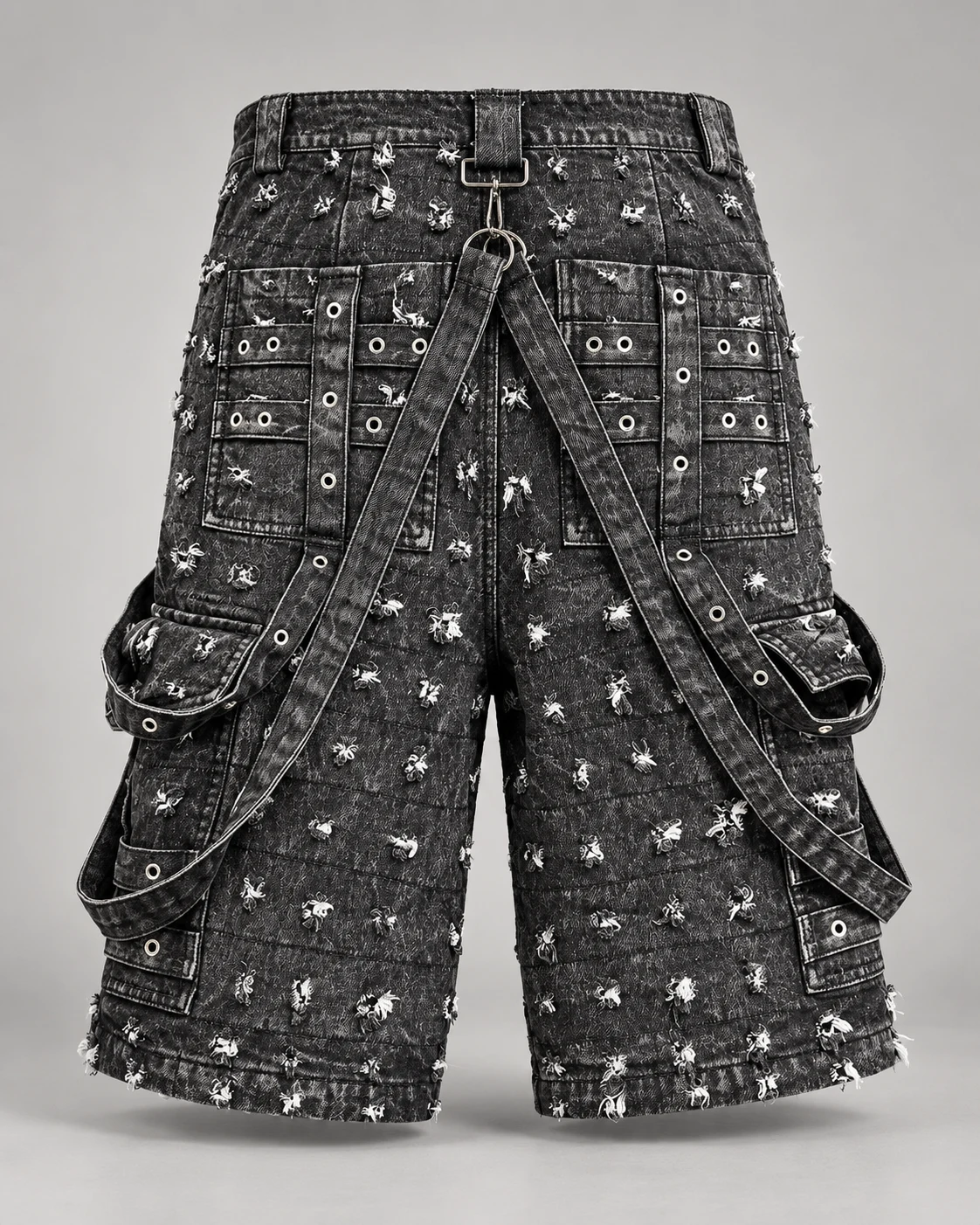 Black Grey Eyelet Strap Cargo Shorts — AI design reference 2