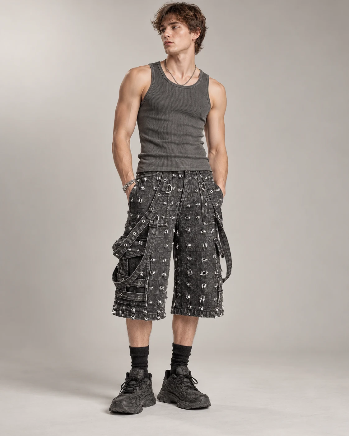 Black Grey Eyelet Strap Cargo Shorts — AI design reference 4