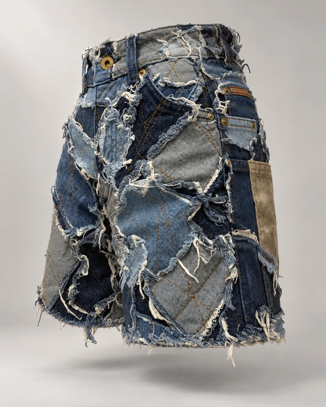Blue Reconstructed Patchwork Shorts — AI design reference 3