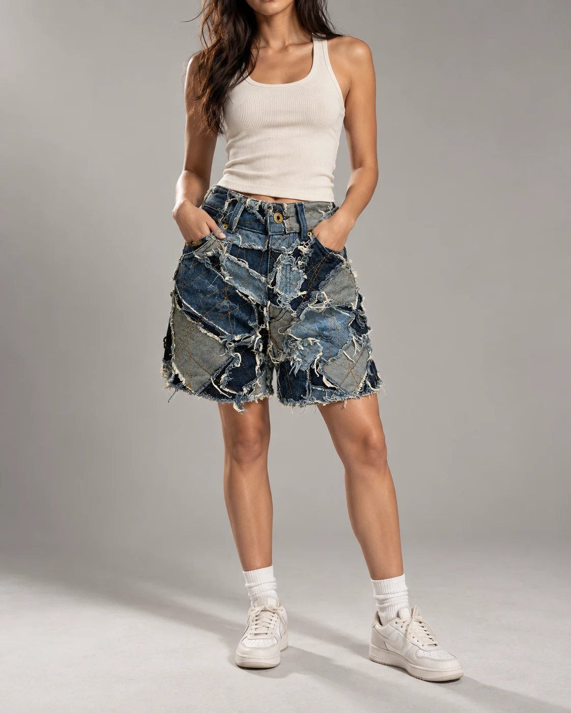 Blue Reconstructed Patchwork Shorts — AI design reference 4