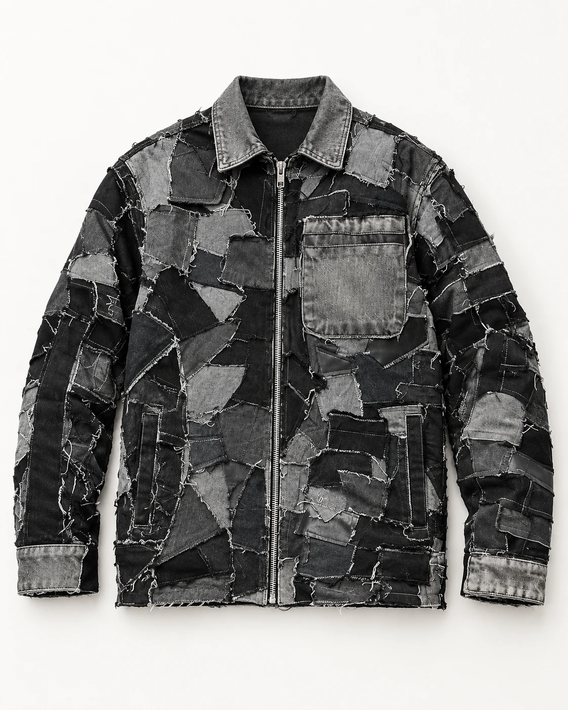 Black Grey Irregular Patchwork Denim Jacket — AI design reference 1