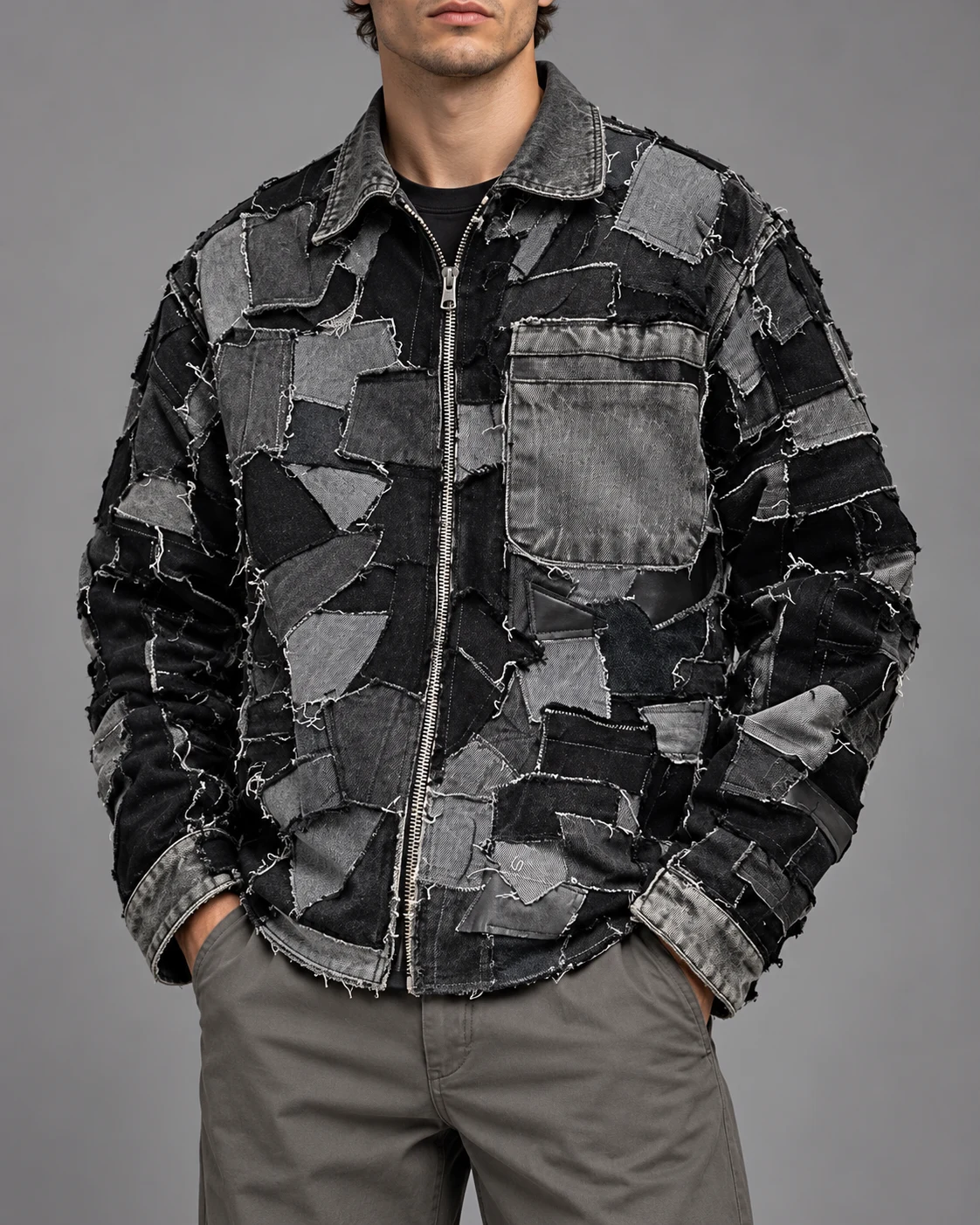 Black Grey Irregular Patchwork Denim Jacket — AI design reference 2