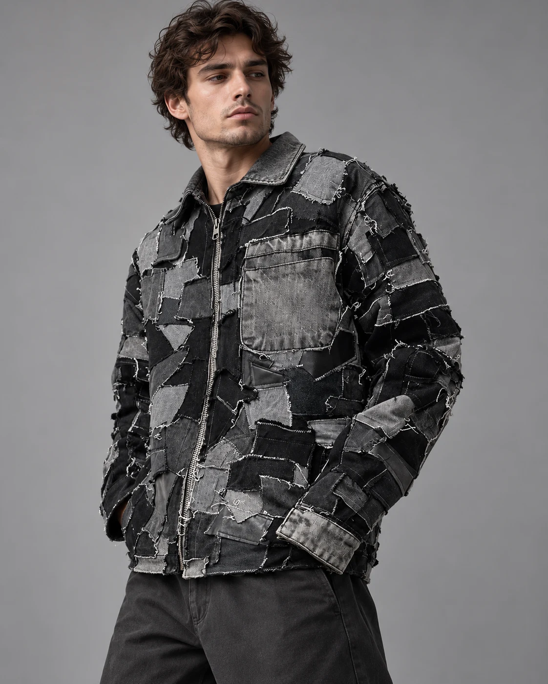 Black Grey Irregular Patchwork Denim Jacket — AI design reference 3