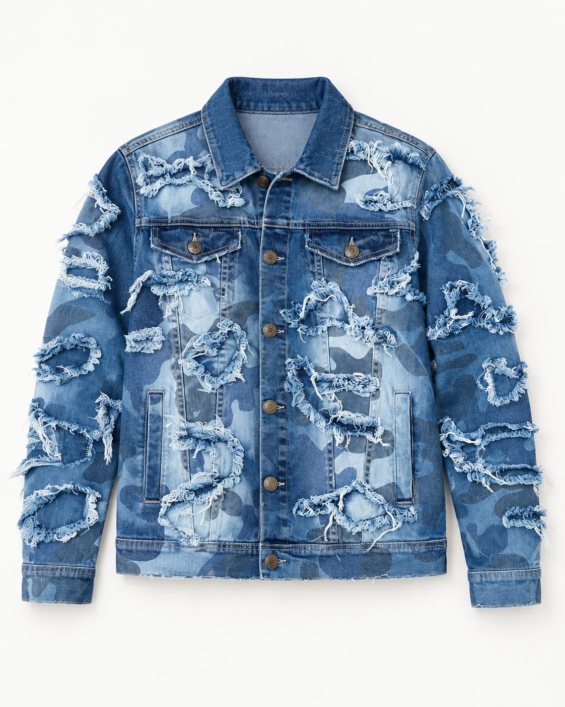 Blue Camo Frayed Patch Denim Jacket — AI design reference 1
