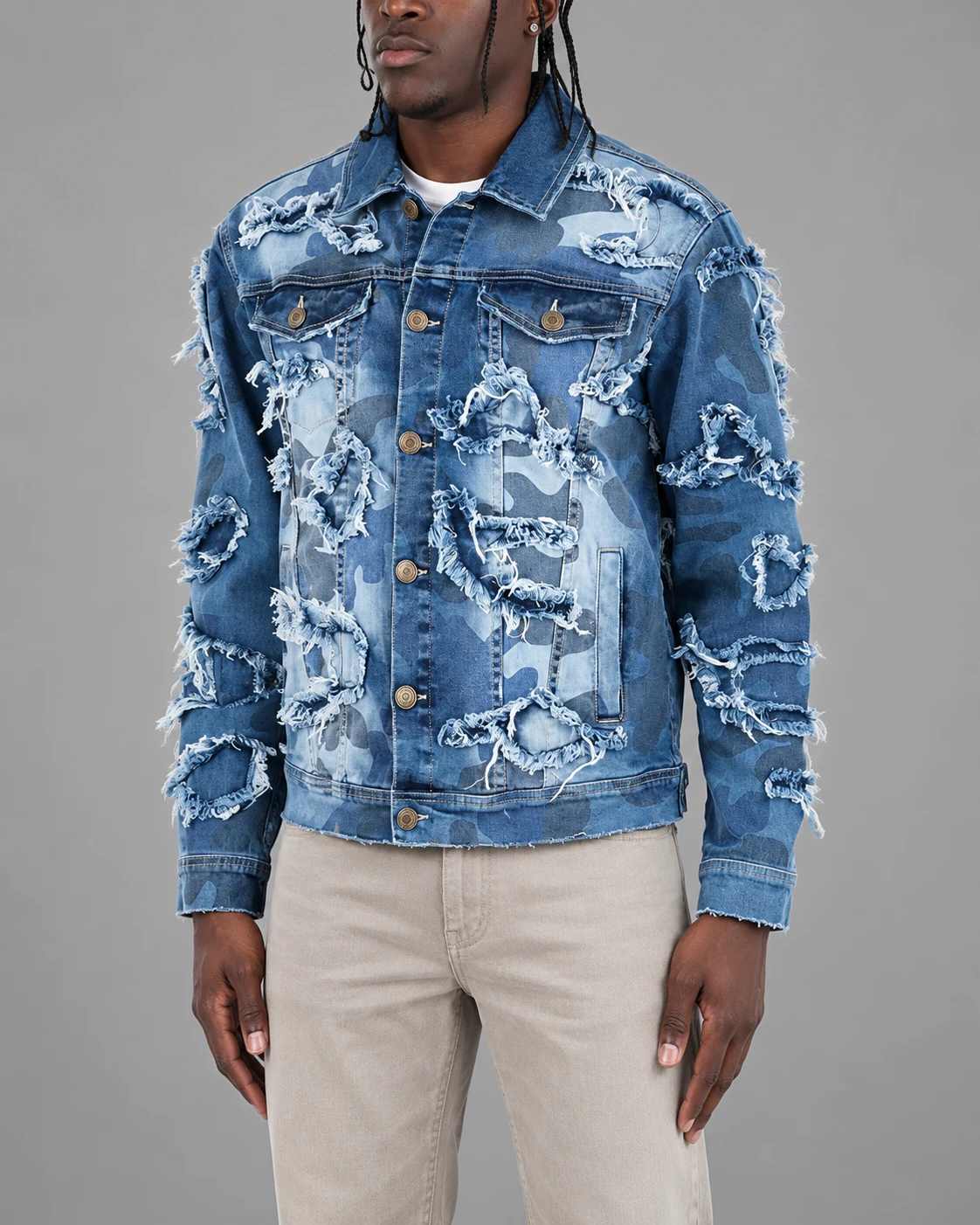 Blue Camo Frayed Patch Denim Jacket — AI design reference 2