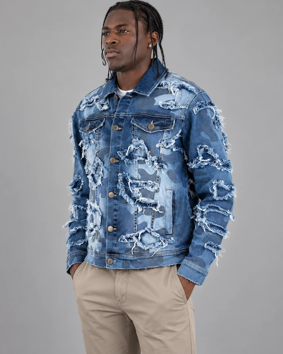 Blue Camo Frayed Patch Denim Jacket — AI design reference 3