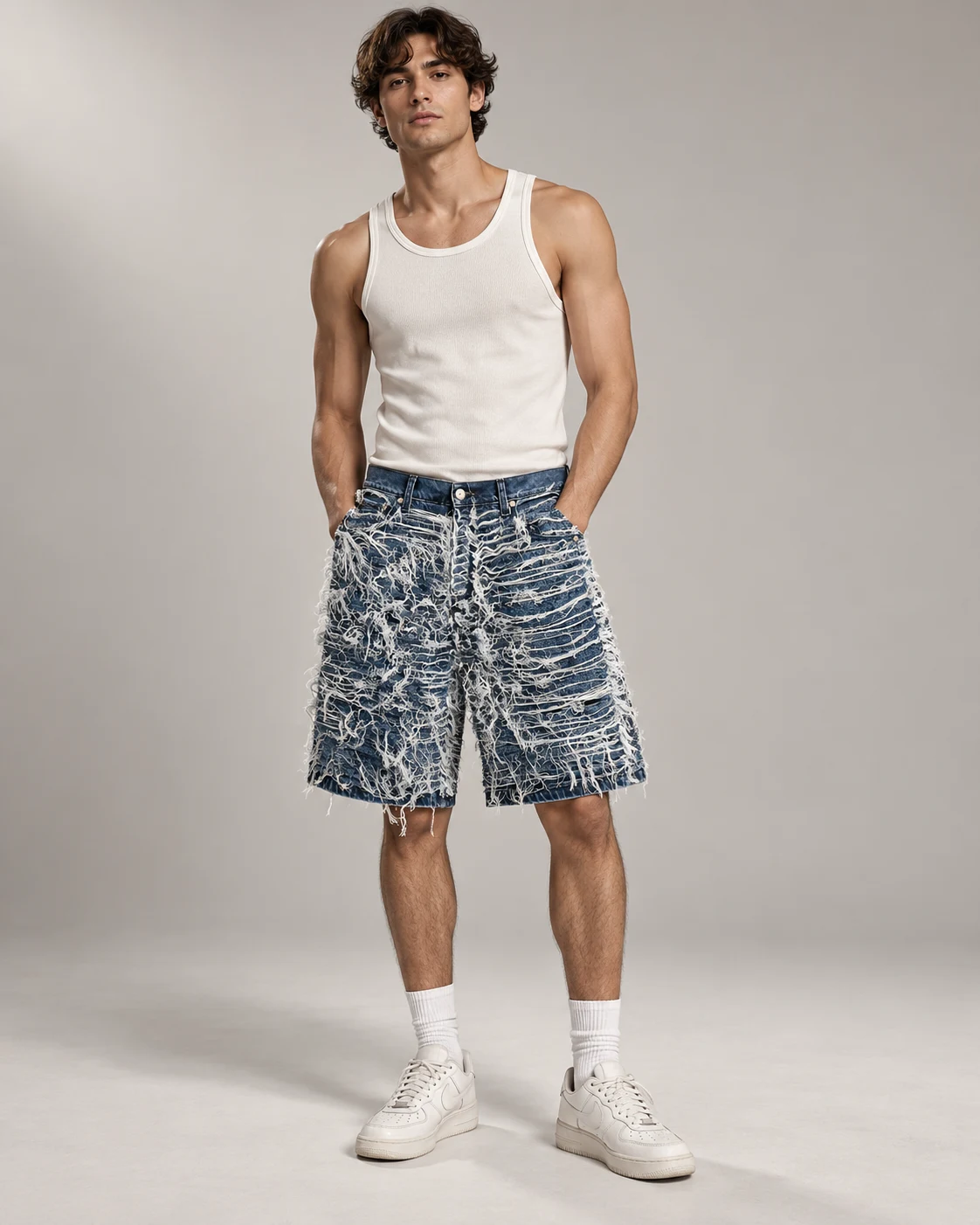 Blue Shredded Thread Denim Shorts — AI design reference 4