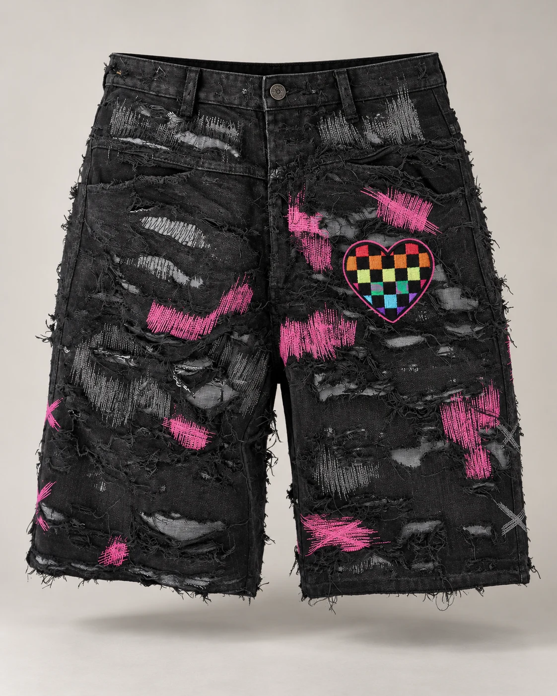 Black Pink Distressed Patchwork Shorts — AI design reference 1
