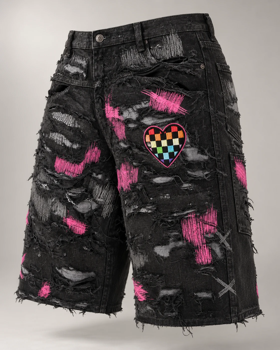 Black Pink Distressed Patchwork Shorts — AI design reference 3