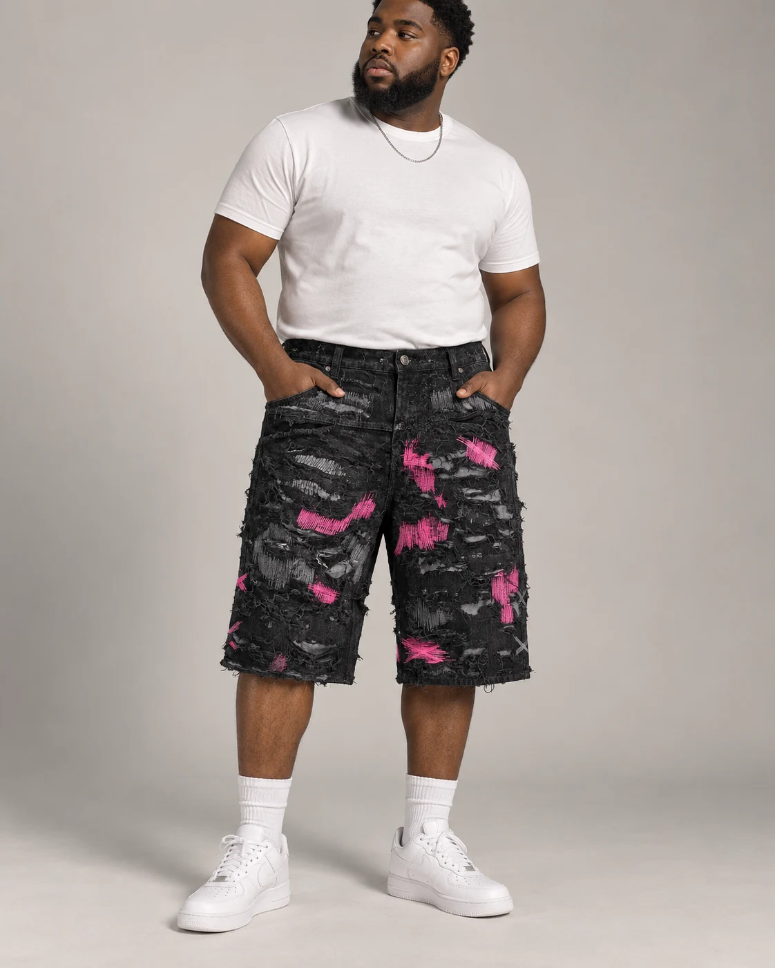 Black Pink Distressed Patchwork Shorts — AI design reference 4