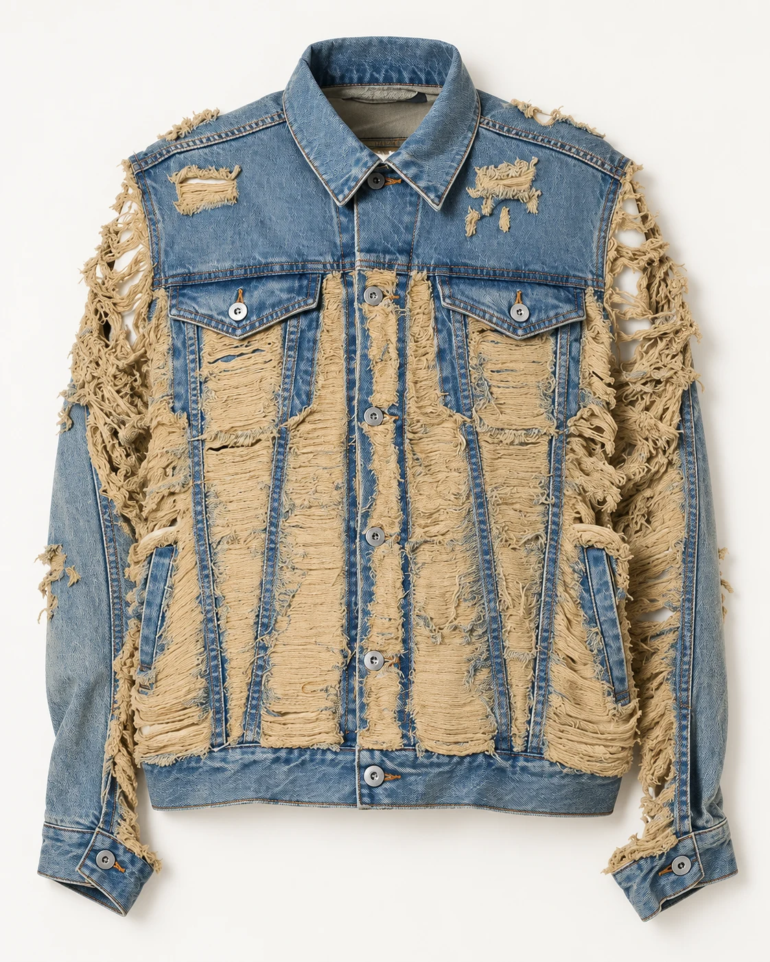 Blue Beige Shredded Denim Jacket — AI design reference 1